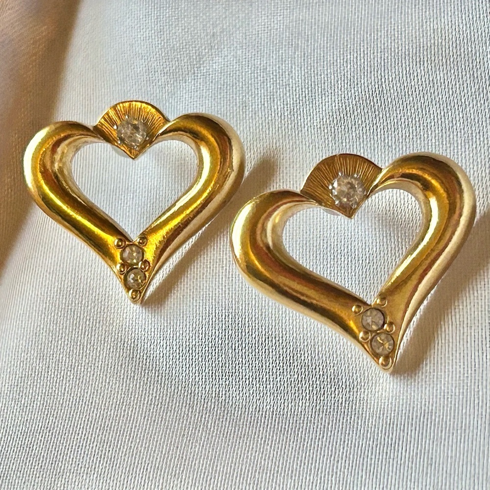 Vintage Gold Convertible Heart Earrings with Rhinestones - Picture 7 of 8